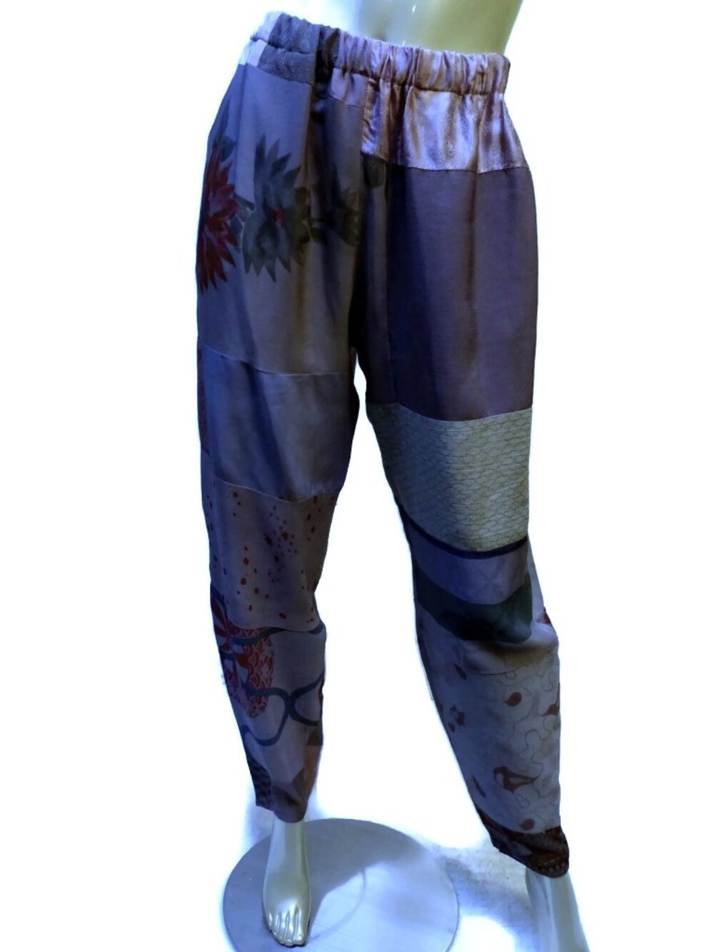 Vintage Claudia Grau Patchwork Silk Pants Size Small Elasticated Waist Boho Slou